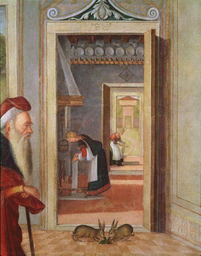 De Geboorte van de Maagd, detail van dienaren op de achtergrond, 1504-08 (detail) door Vittore Carpaccio